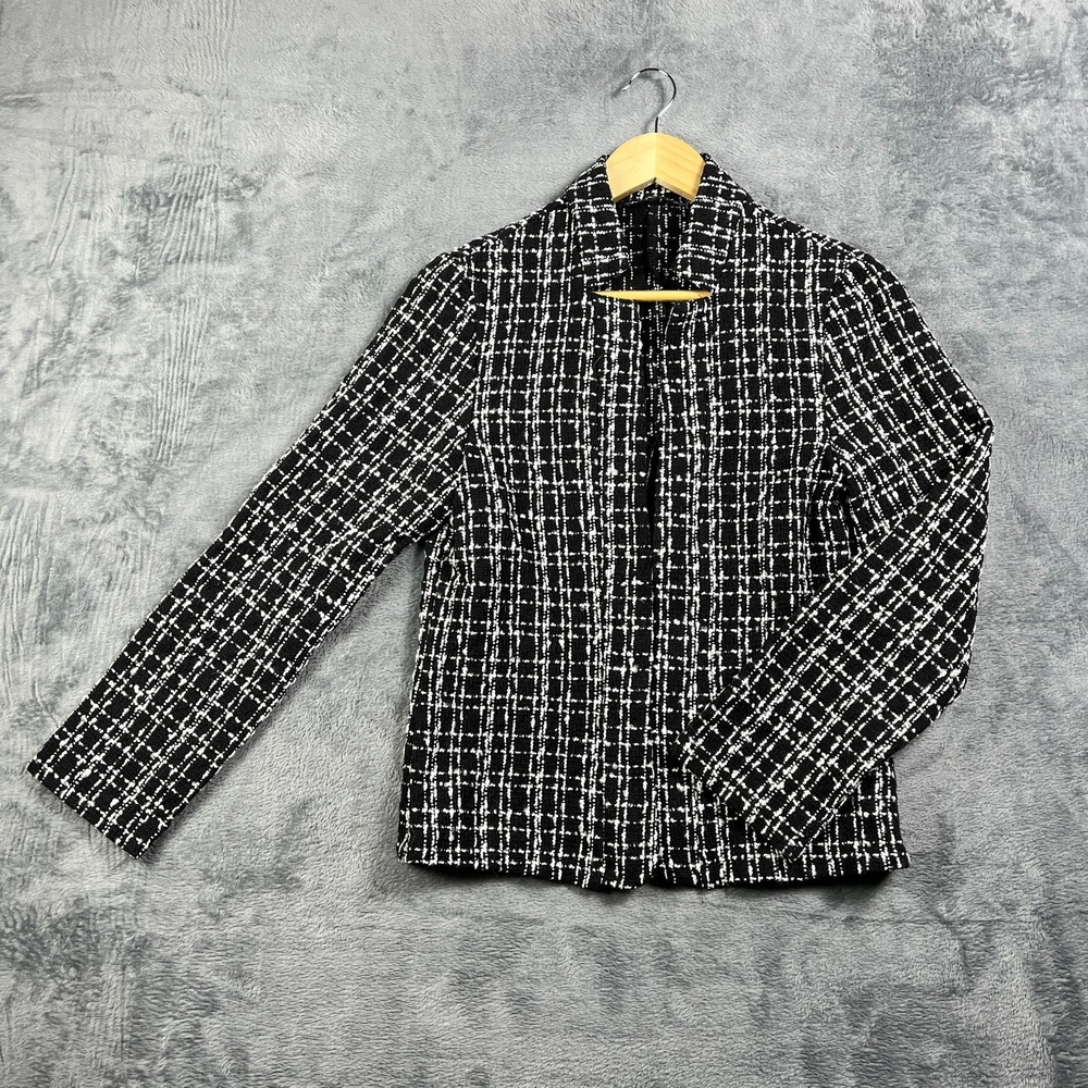 Shein Blazer Jacket Women 6 Black White Plaid Notched Collar Open Front Business